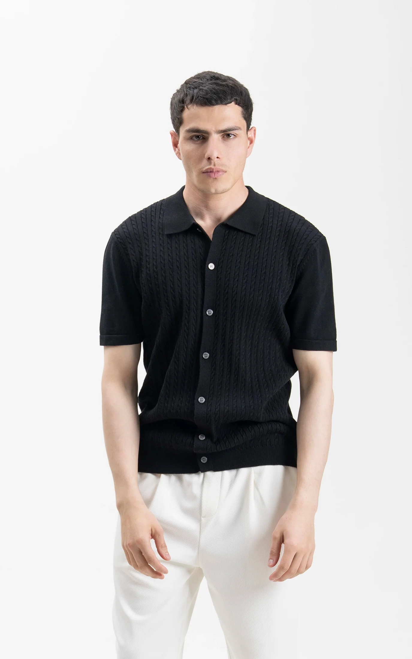 HALF SLEEVE CABLE KNIT CASUAL SHIRT BLACK - Image 3