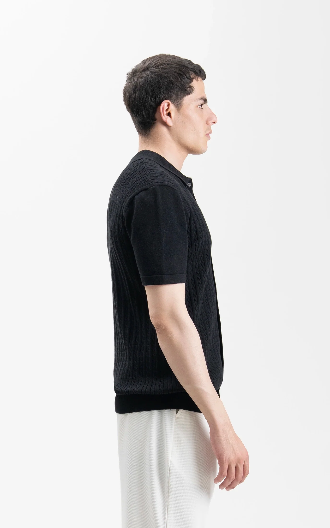 HALF SLEEVE CABLE KNIT CASUAL SHIRT BLACK - Image 6