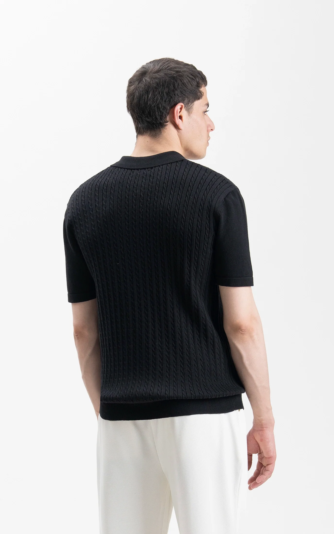 HALF SLEEVE CABLE KNIT CASUAL SHIRT BLACK - Image 7