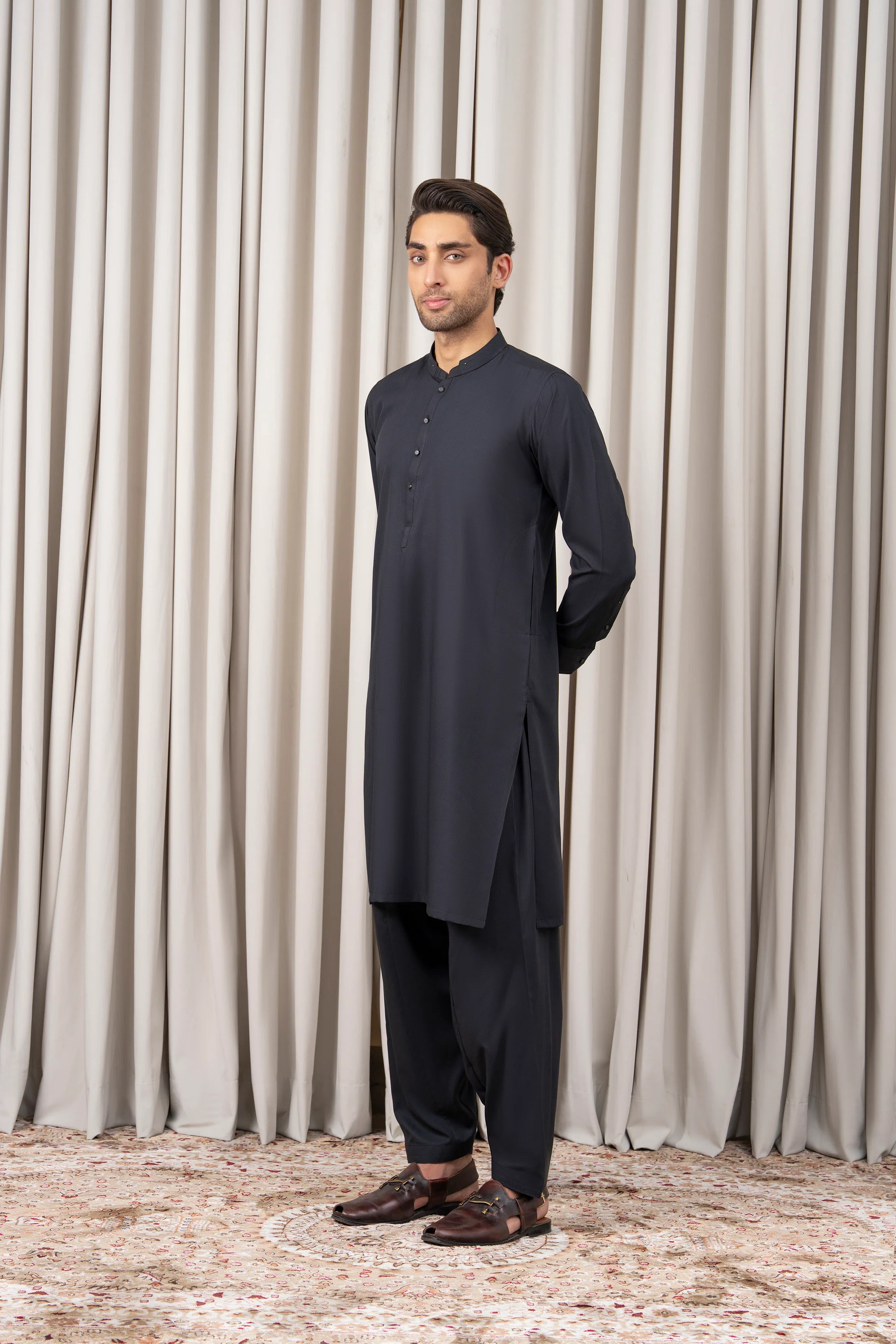 TEXTURED BLENDED KAMEEZ SHALWAR - SIGNATURE COLLECTION BLACK - Image 5