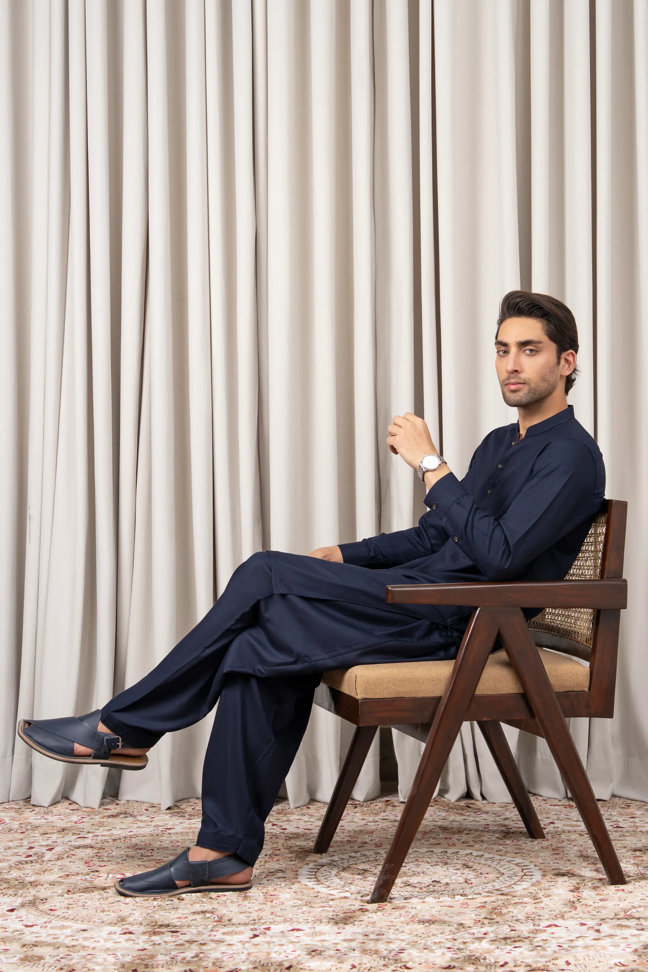 TEXTURED BLENDED KAMEEZ SHALWAR - SIGNATURE COLLECTION NAVY - Image 5
